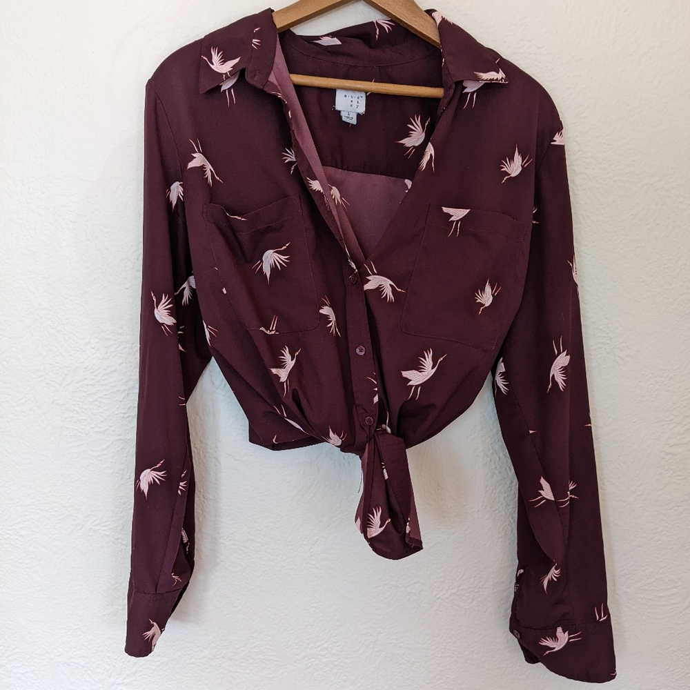 Purple button up top with crane print